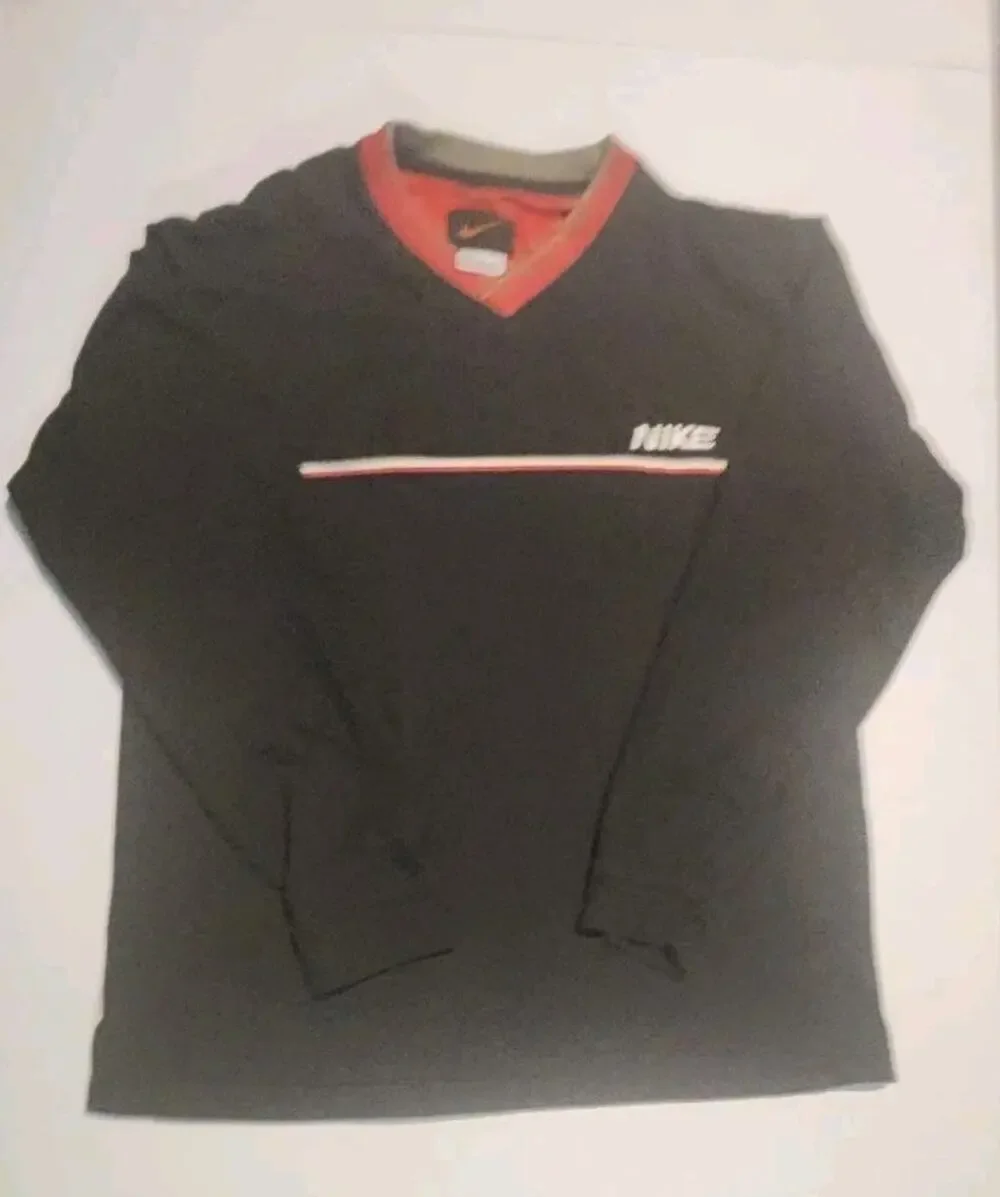 Vintage Nike Mens M Black V-Neck Long Sleeve Striped Accent Embroidered Logo Y2K